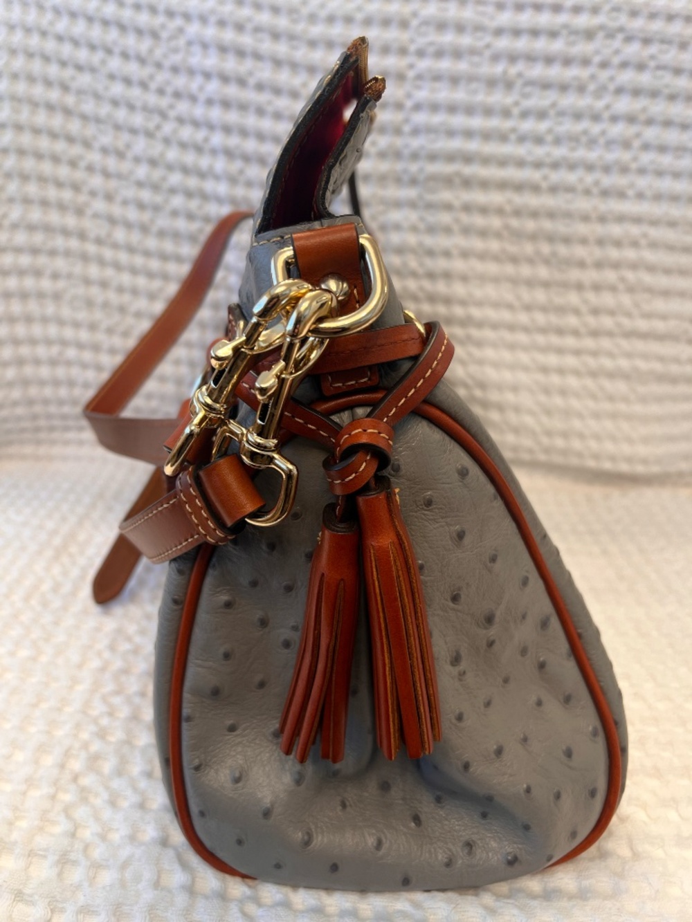 Dooney & Bourke Ostrich Embossed Satchel Gray Tassel Bag Brown Trim Gold Hardwar - Picture 10 of 16